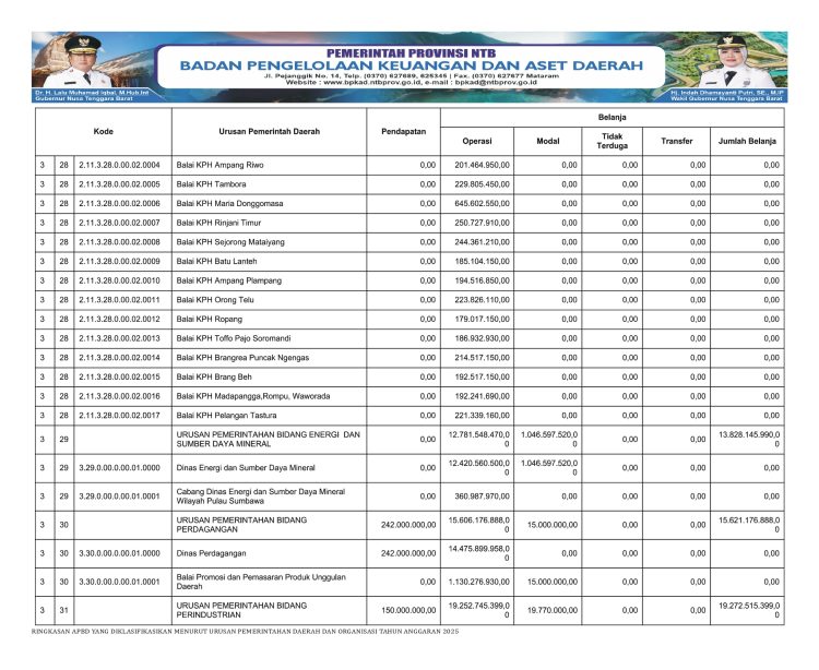 Ringkasan APBD Provinsi NTB Yang Diklasifikasi Menurut Urusan Pemerintahan Daerah dan Organisasi Tahun Anggaran 2025..(11)
