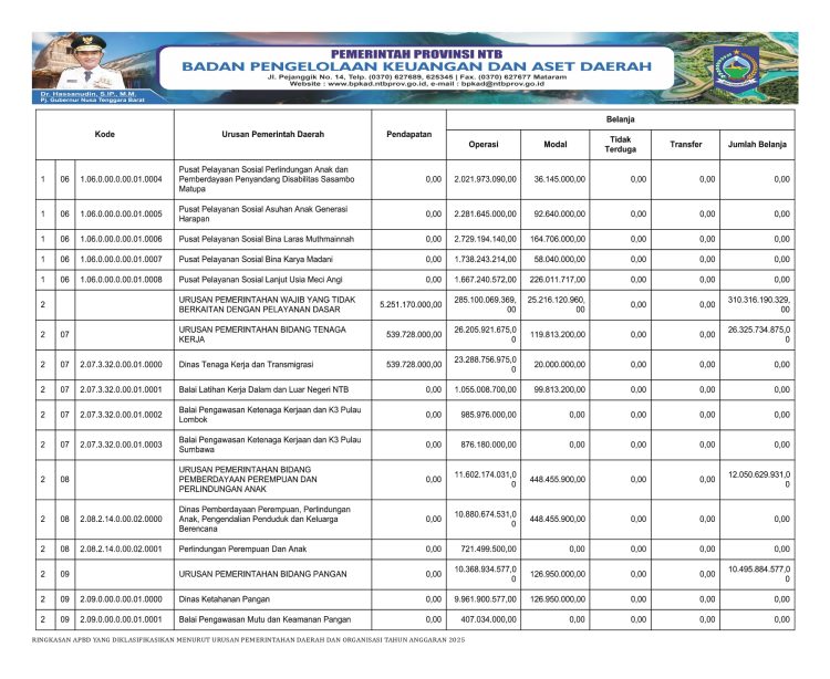 RINGKASAN APBD PROVINSI NTB YANG DIKLASIFIKASI MENURUT URUSAN PEMERINTAHAN DAERAH DAN ORGANISASI TAHUN ANGGARAN 2025..(6)