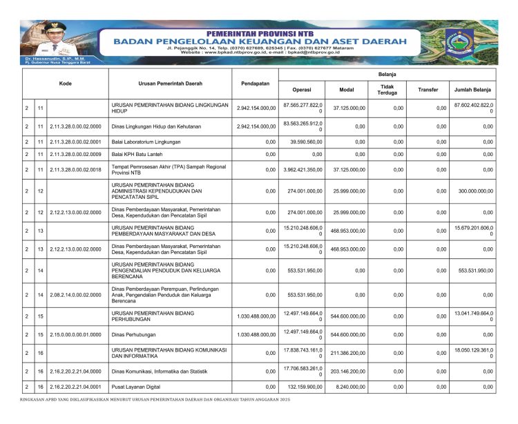 RINGKASAN APBD PROVINSI NTB YANG DIKLASIFIKASI MENURUT URUSAN PEMERINTAHAN DAERAH DAN ORGANISASI TAHUN ANGGARAN 2025..(7)